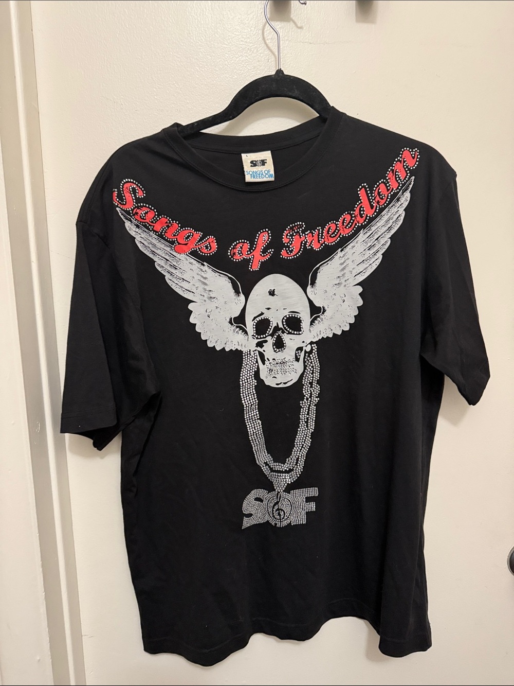 Songs of Freedom Black Graphic Tee with Skull & Wings